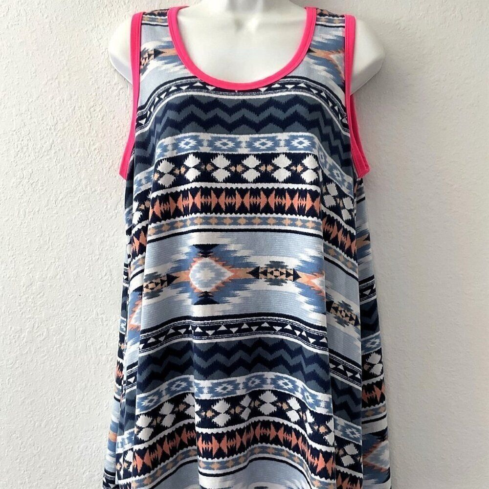 White Birch Tribal Print Flowy Tank Top Dress L Boho Pink Blue L